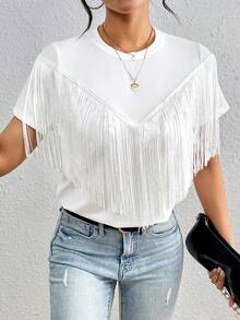 SHEIN Summer Fashion Solid Color Tassel Decorated T-Shirt - White - View 4
