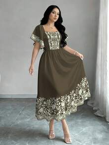 Modelyn Đầm ngắn tay cổ vuông in hoa, đầm midi mùa hè thắt eo, đầm màu vàng nhạt họa tiết hoa. - Nhiều màu - Xem 3