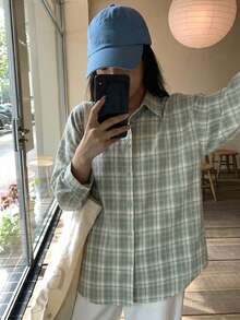 DAZY 女士格子宽松休闲长袖衬衫 - 綠色 - 查看 3