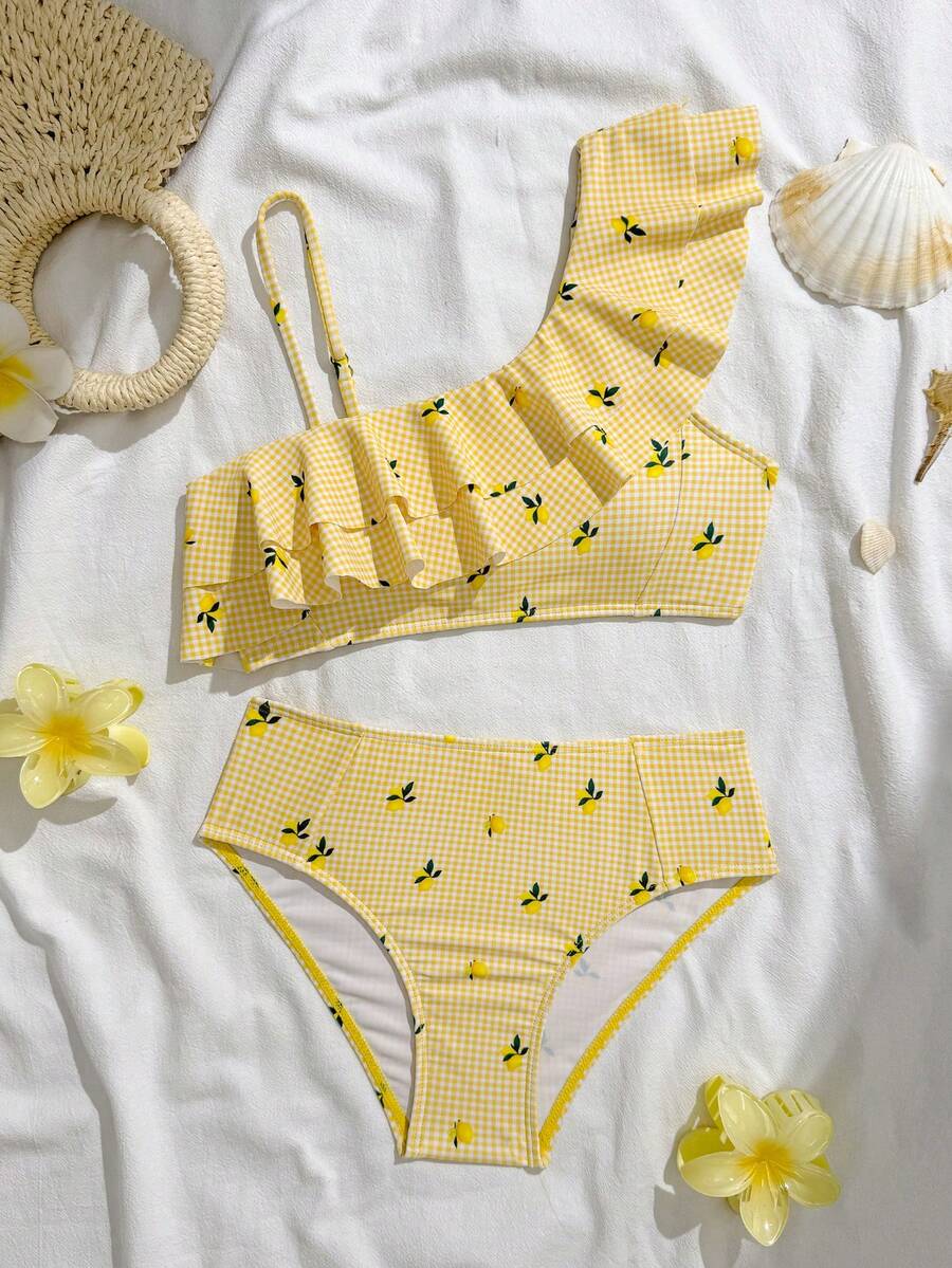 SHEIN Tween Girls Yellow Striped Print Bikini Set, 2-Piece Swimwear With Layered Ruffle Top, Fashionable Casual Elegant Suitable For Swimming, Vacation, Summer - Multicolor - View 1