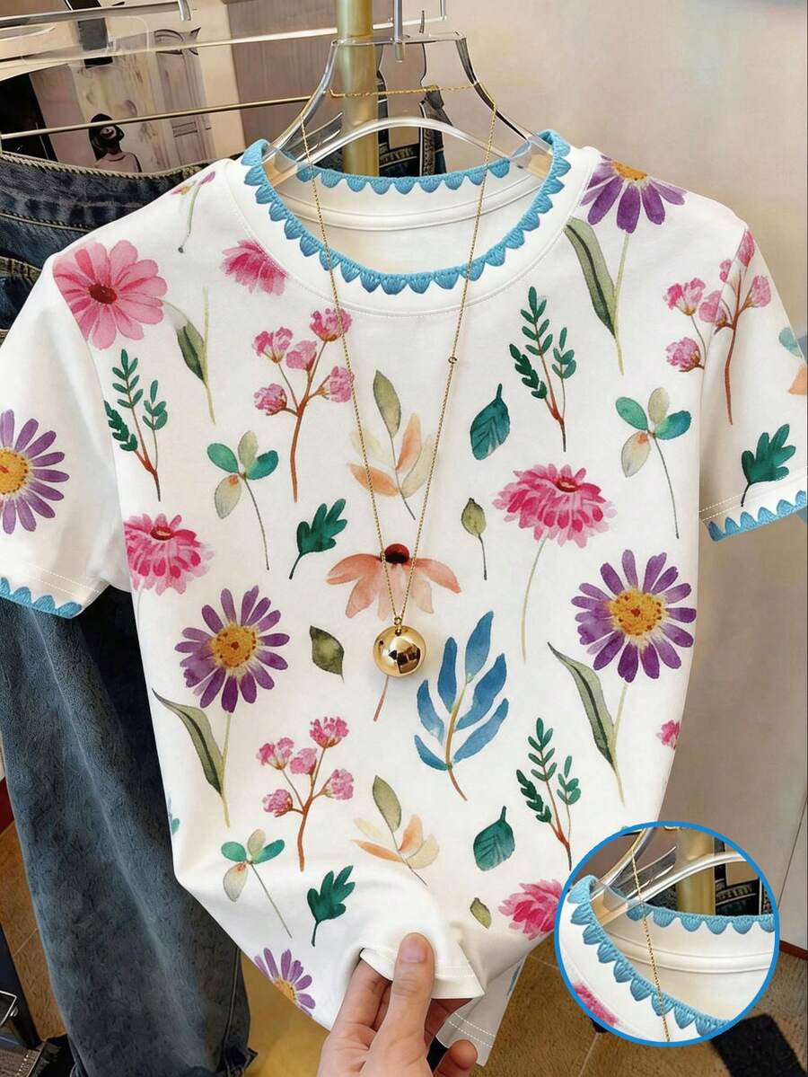 Resyla 女款戶外休閒運動T恤，夏季新品，花卉印花設計，多色，羅紋飾邊，街拍風，返校季，度假，女款短袖T恤 - 彩色 - 查看 1