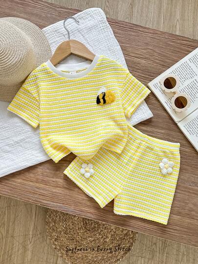 Cozy Pixies 2 st/set babyflicka söt avslappnad bibroderi randig lapptäcke rund hals kortärmad t-shirt och shorts med resår i midjan, lämplig för sommar, semester, inomhus- och utomhustillfällen