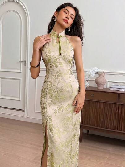 EastFlair Đầm thời trang nữ in hoa, cài cúc, xẻ tà bên hông.