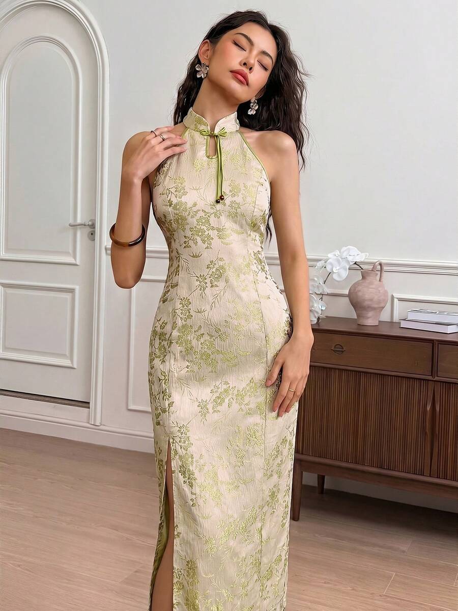 EastFlair Đầm thời trang nữ in hoa, cài cúc, xẻ tà bên hông. - màu xanh lá - Xem 1