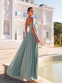 Glamrae Đầm dạ hội trang trọng, sang trọng màu xanh lá cây nhạt, chất liệu lưới co giãn, đính cườm thủ công, kiểu dáng chữ A, tay lỡ, cổ bất đối xứng, đuôi váy xếp ly, dành cho nữ. - Cỏ xanh - Xem 2