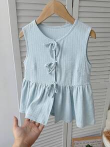 SHEIN Áo kiểu nữ tuổi teen có họa tiết, thắt nơ phía trước, thích hợp mặc hàng ngày hoặc đi nghỉ mát. - Màu xanh lam - Xem 1