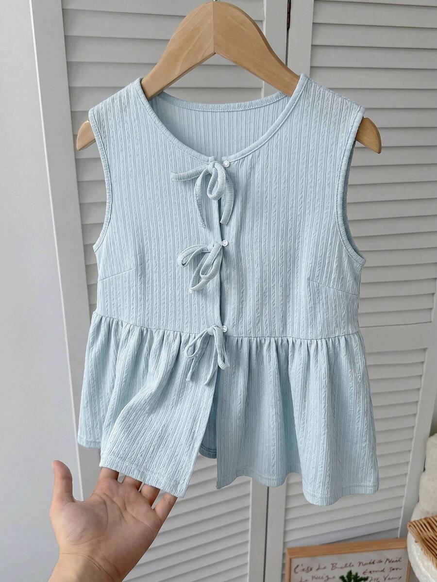 SHEIN Áo kiểu nữ tuổi teen có họa tiết, thắt nơ phía trước, thích hợp mặc hàng ngày hoặc đi nghỉ mát. - Màu xanh lam - Xem 1