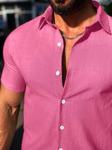 Manfinity Homme Men's Summer Casual Short Sleeve Shirt & Shorts Set - Hot Pink - View 3