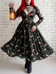 Whyspr Vintage Boho Plus Size Midi Dress With Star Pattern Spaghetti Strap Sleeveless Flared Hem Ruched Details - Black - View 3