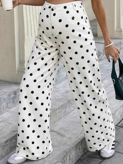 Momance Maternity Casual Polka Dot Print Straight Leg Jeans,Stretchy And Supportive Through Every Stage Of Pregnancy And Beyond.Womens Classic Polka Dot Wide Leg Jeans High Waist Full Length White Denim Pants,