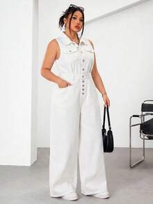 SHEIN EZwear 大码女式纽扣前开襟休闲口袋无袖阔腿牛仔连体裤 - 白色 - 查看 5