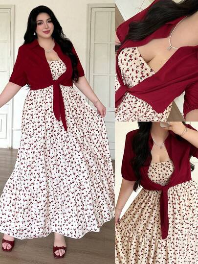 Vibekara Plus Size Casual Cherry Print Slip Dress + Tie Front Shirt 2 Pieces Set