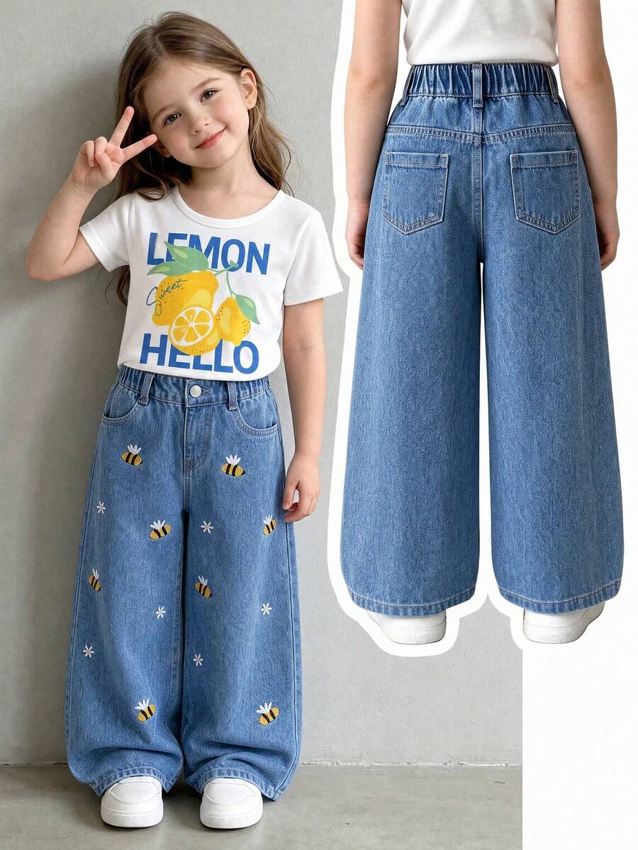 SHEIN Young Girl' 水洗淺藍色寬腿牛仔褲，刺繡蜜蜂與花朵設計，柔軟舒適寬鬆版型可愛花卉刺繡，可愛趣味設計，適合四季穿著，適用於學校、外出、戶外活動、度假等 - 中等水洗藍 - 查看 1