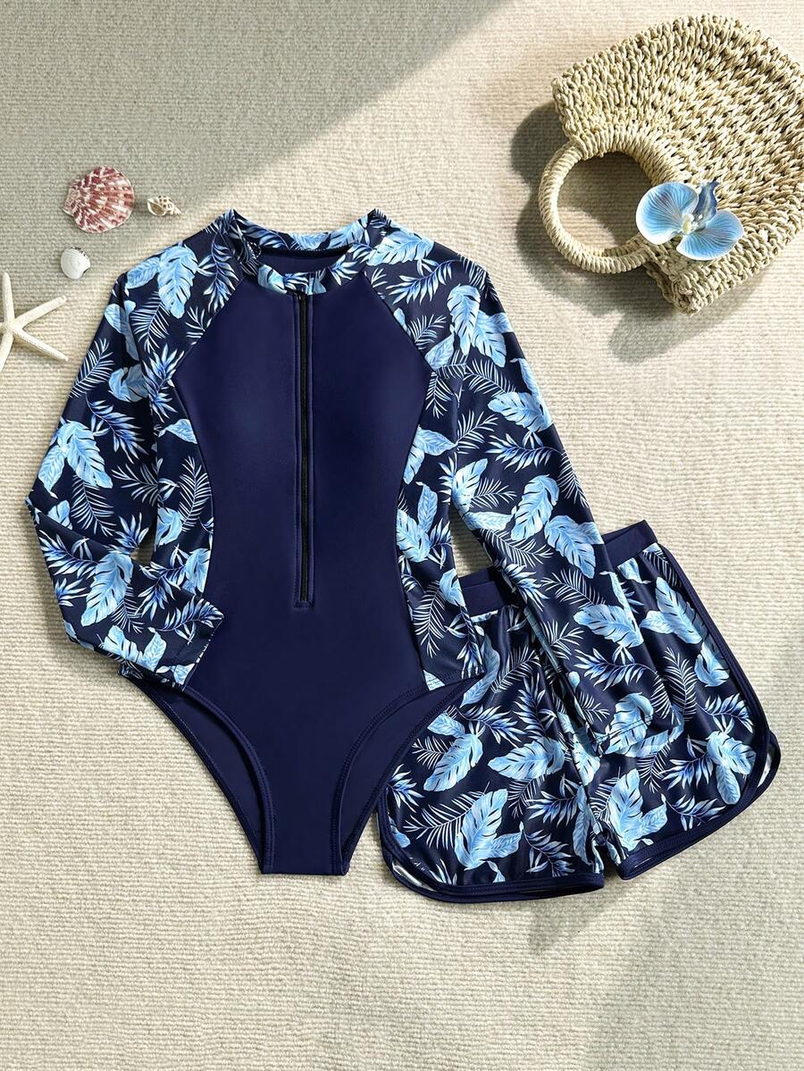 SHEIN Bộ áo tắm liền thân in họa tiết nhiệt đới dành cho bé gái tuổi teen kèm quần short - Màu xanh hải quân - Xem 1