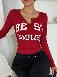 DAZY Women's Round Neck Button Letter Print Long Sleeve Fitted Elegant Charming Blouse Crop Top - Red - View 9