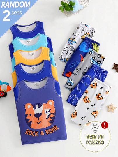 [2pcs/Set] Young BoyCartoon Print Vest Top And Shorts Knit Snug Fit Pajamas Loungewear Set, Random Assorted