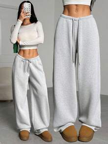 SHEIN PETITE 女士休闲简约纯色宽松阔腿运动裤，适合毕业季、返校季穿着，也适合教师穿着。 - 灰色 - 查看 1