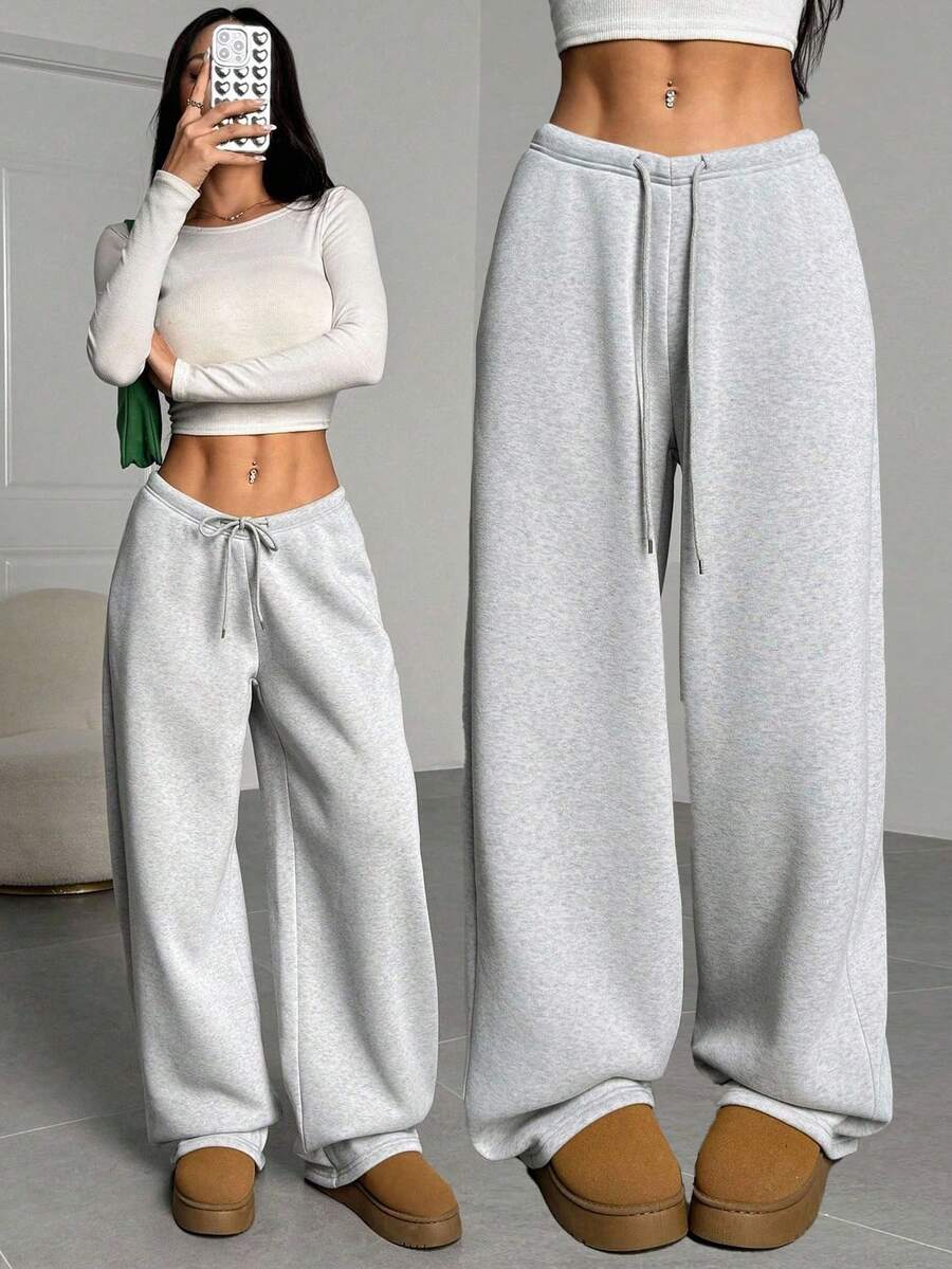 SHEIN PETITE 女士休闲简约纯色宽松阔腿运动裤，适合毕业季、返校季穿着，也适合教师穿着。 - 灰色 - 查看 1