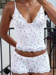 INAWLY Women's Lace Patchwork Camisole And Shorts Casual 2 Pieces Set - Multicolor - View 1