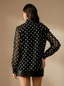 Anewsta Casual Elegant Commuting Polka Dot Design Bow Tie Satin Collar Slimming Comfortable Pullover Blouse For Women Office Brunch Autumn Teachers' Day - Black - View 3