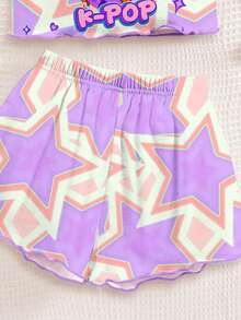 Tween Girl Colorful Star, K-POP Cartoon Girl Print Camisole And Casual Shorts Pajama Set, Suitable For Summer Daily Wear - Multicolor - View 2