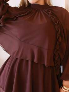 CHERRY TINTT SELECTION Party Plus Size Ruffle Hem Fitted Waist Long Sleeve Mini Dress With Layered Ruffle Hem, Brown Elegant - Brown - View 3