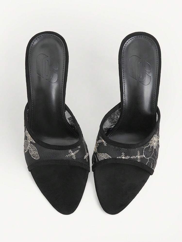 CUCCOO CHICEST Mesh Gold Thread Embroidery Pointed One-Word Drag Thin Heel Sandals, Outer Wear, National Style High Heels