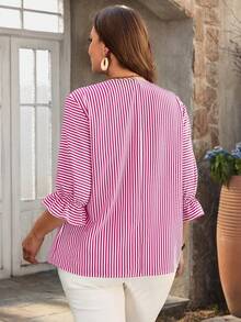 Rosumi Plus Size Striped Print V-Neck Casual Everyday Ruffle Hem Blouse - Hot Pink - View 2