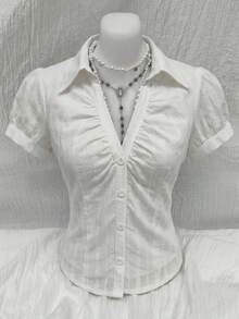 Elamini Women's Simple Solid Color Front Button Pleated Short Sleeve Blouse, Summer - White - View 4