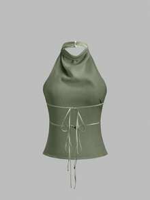 Sweetra Blusa de unicolor con cuello halter, versátil para uso diario - Verde Oliva - Ver 2