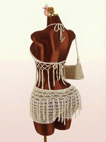 Amplova Women's Knitted Set With Fringe Hem, Sexy And Avant-Garde Style Suitable For Vacation Outfit, Features Cups, Spaghetti Straps, Fringe Hem, Retro Boho Music Festival Wear