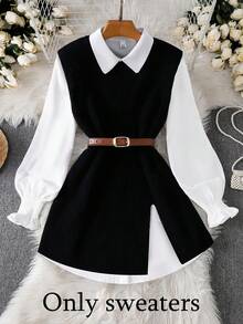 INAWLY Chaleco de manga larga de color contrastante para mujer de talla grande - Negro - Ver 1