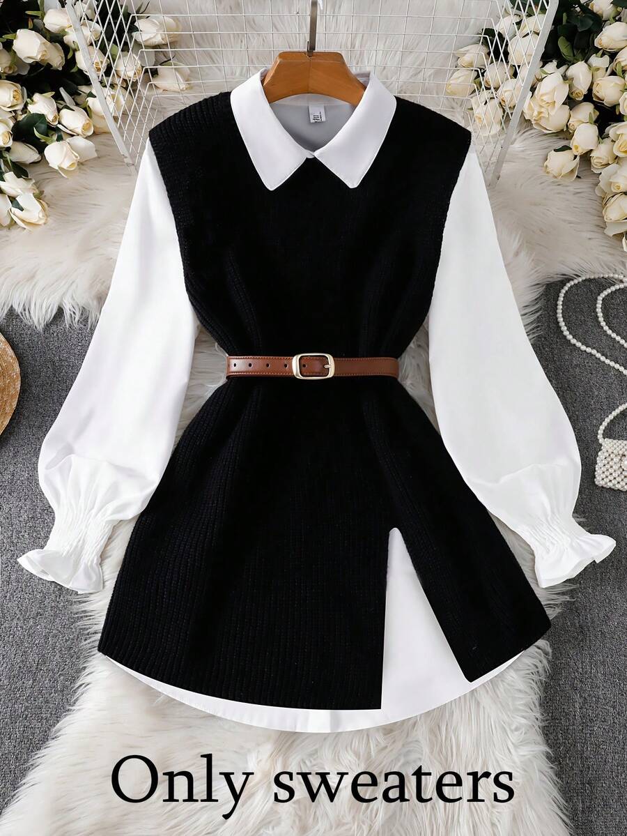 INAWLY Chaleco de manga larga de color contrastante para mujer de talla grande - Negro - Ver 1
