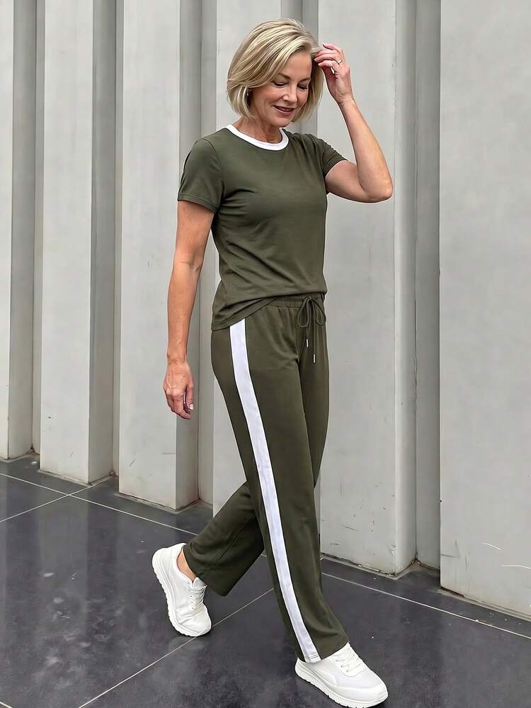 Middle-Aged & Elderly Women's Round Neck Short Sleeve Top And Long Casual Daily Wear Set
