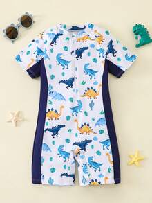 SHEIN 1pc Young Boys Cute Casual Cartoon Dinosaur Print Color Block Long Sleeve Rash Guard & Hat Set, Suitable For Beach, Pool, Spring/Summer - Multicolor - View 3