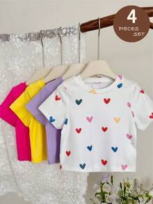 SHEIN 4pcs Young Girl Dopamine Colorful Pullover Set, Soft & Comfortable Ribbed Fabric, Cute Heart Print, Suitable For Spring & Summer - Multicolor - View 7