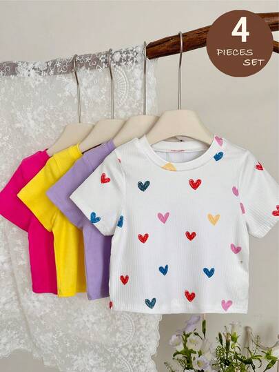 SHEIN Bộ 4 áo len chui đầu nhiều màu sắc Dopamine cho bé gái, chất liệu vải gân mềm mại và thoải mái, họa tiết trái tim dễ thương, thích hợp cho mùa xuân và mùa hè.