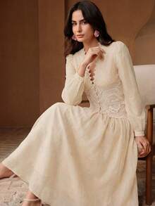 Anewsta New Arrival Spring/Summer Fashionable Elegant Vacation Style Outing Date Festival Water-Soluble Embroidery Flared Maxi Skirt For Women - Apricot - View 2