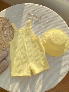 Bộ 2 món cho trẻ sơ sinh unisex: Romper quần yếm họa tiết vịt 3D dễ thương & kẻ sọc kèm mũ chống nắng, trang phục mùa hè thường ngày cho bé trai/bé gái - Màu vàng - Xem 2