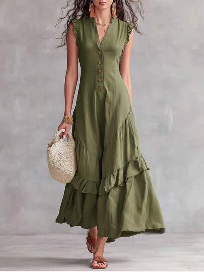 Balvessa Áo không tay cổ chữ V màu xanh lá cây nhạt, trang trí phía trước, bộ jumpsuit ống loe ôm sát có bèo nhún dành cho nữ, phong cách thường ngày.