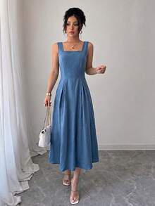 SHEIN Raffinéa Váy xanh nhạt sọc dọc cổ vuông thanh lịch thắt lưng buộc sau lưng - Màu xanh lam - Xem 6