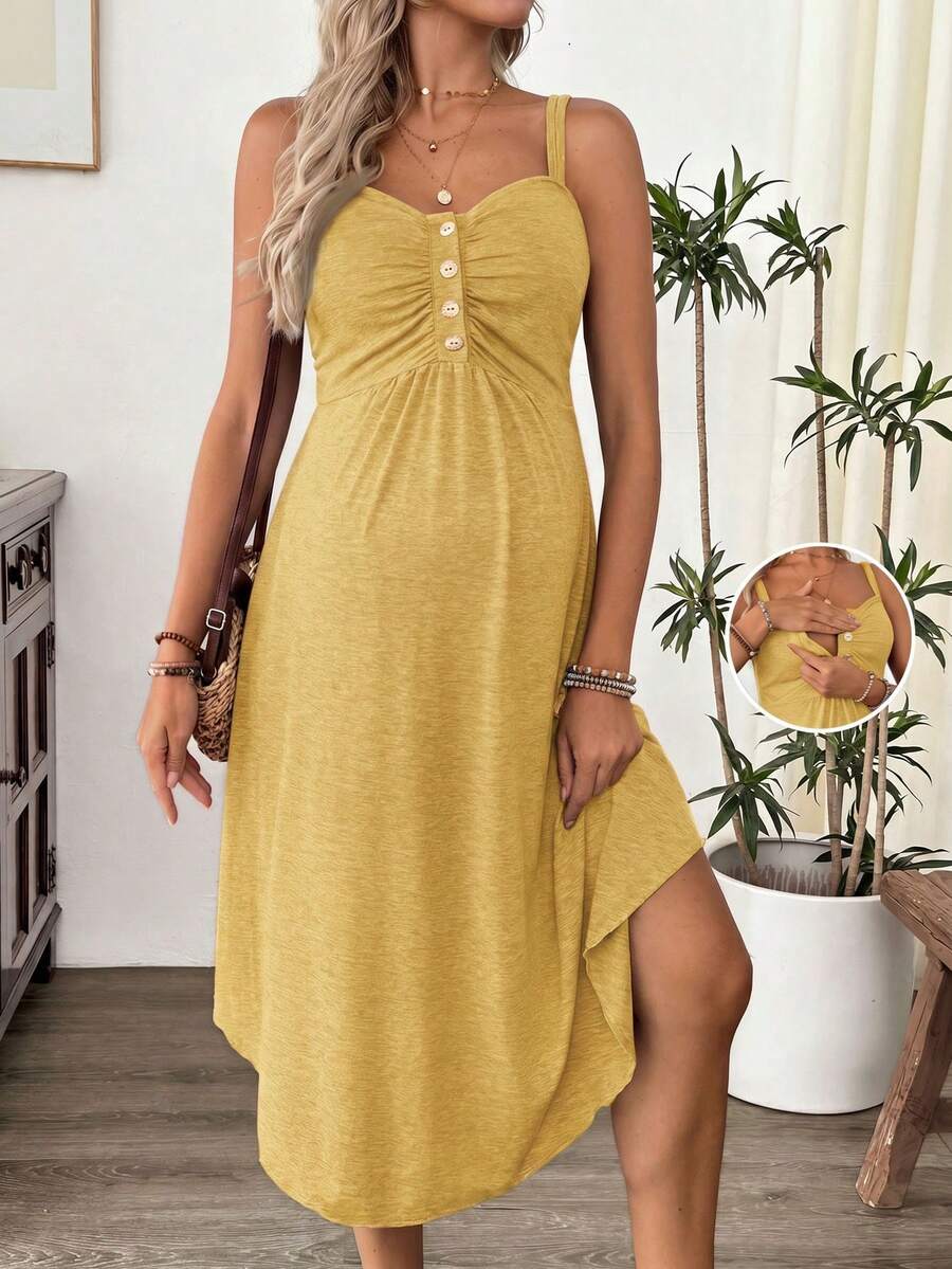 Cheriluna Maternity Maternity Solid Color Ruched Button Design Nursing Camisole Dress - Yellow - View 1