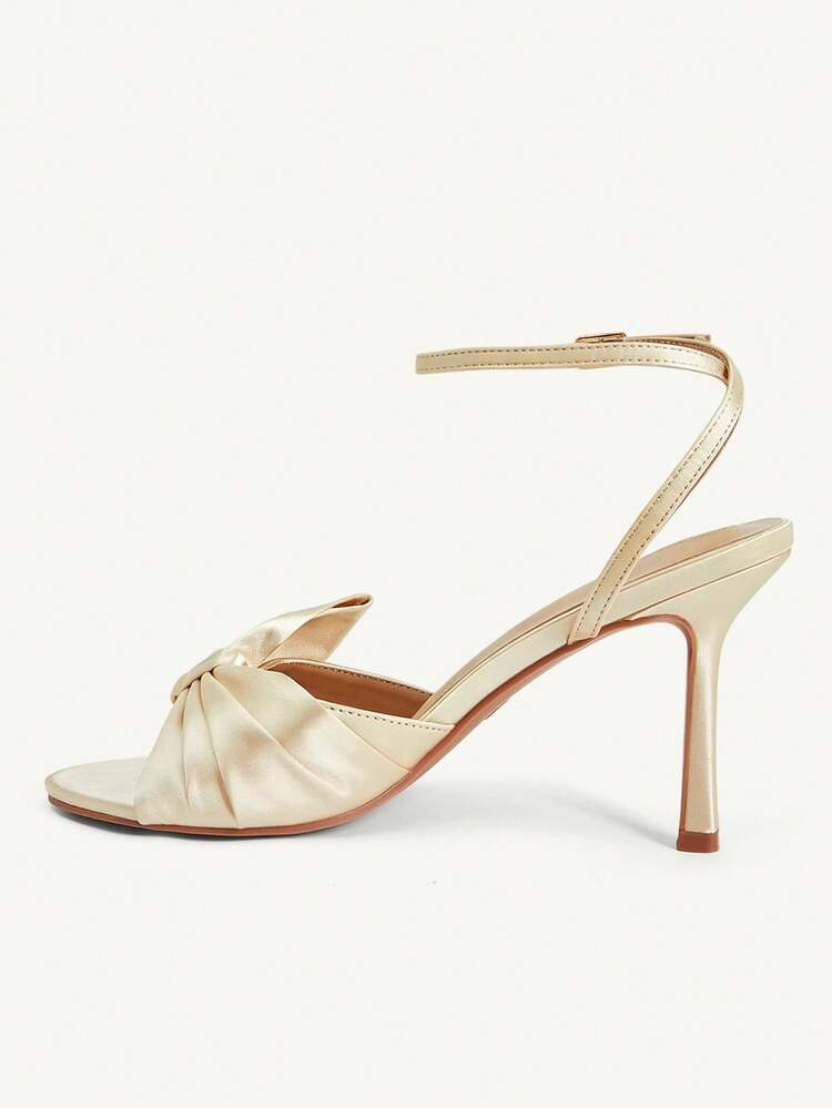 CUCCOO CHICEST Women Shoes Champagne Satin Bow Fashionable And Elegant Ankle Strap Round Toe High Heel Sandals