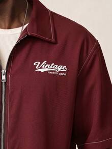 STYNVO Men's Casual Letter Print Zip-Up Short Sleeve Shirt, Summer - Burgundy - View 4
