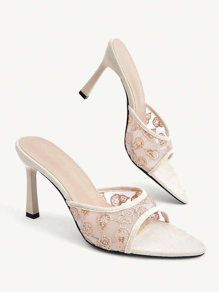 CUCCOO CHICEST Apricot Mesh Sequined Pointed Drag Stiletto Sandals, Outer Wear, Temperament High Heels