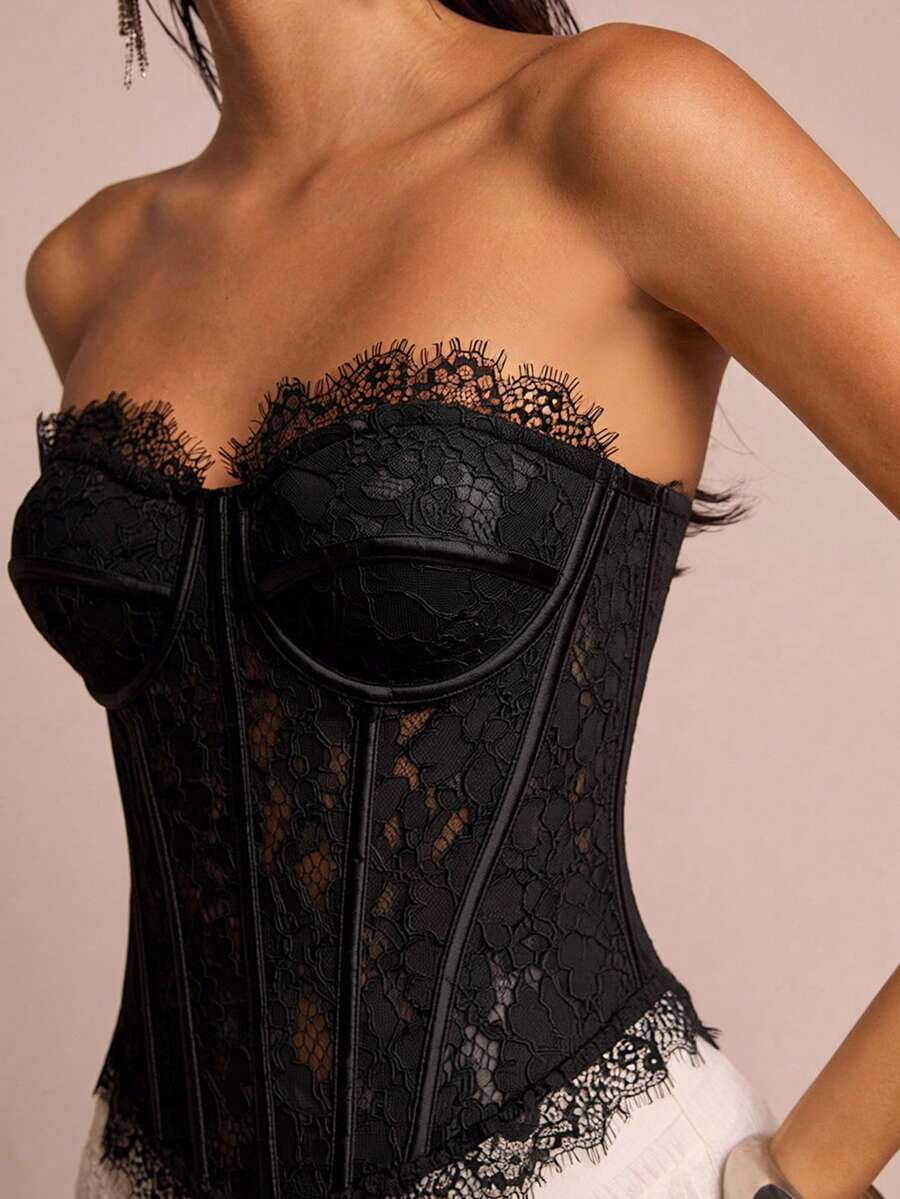 SHEIN Glamour Áo quây ren gợi cảm, thanh lịch dành cho nữ, thích hợp cho mùa hè. - màu đen - Xem 1
