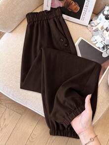 SHEIN LUNE CURVE Plus Size Women Casual Pocketed Button Closure Pants, Versatile For Daily Wear & Commute Fall - Rust Brown - View 5
