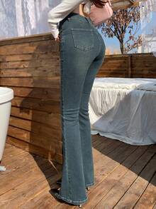 Joudiya Solid Flare Leg Jeans - Dark Wash - View 8