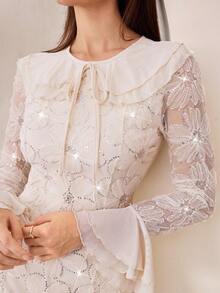 Graceveil Apricot Mesh Patchwork Beaded Embroidered Ruffle Hem Elegant Evening Dress For Women - Apricot - View 7
