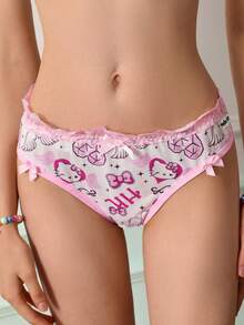 Chillnights HELLO KITTY AND FRIENDS | SHEIN Cute & Sweet Contrast Color Lace Patchwork Bow Coquette Doll Style Women's Thong Panties - White - View 5